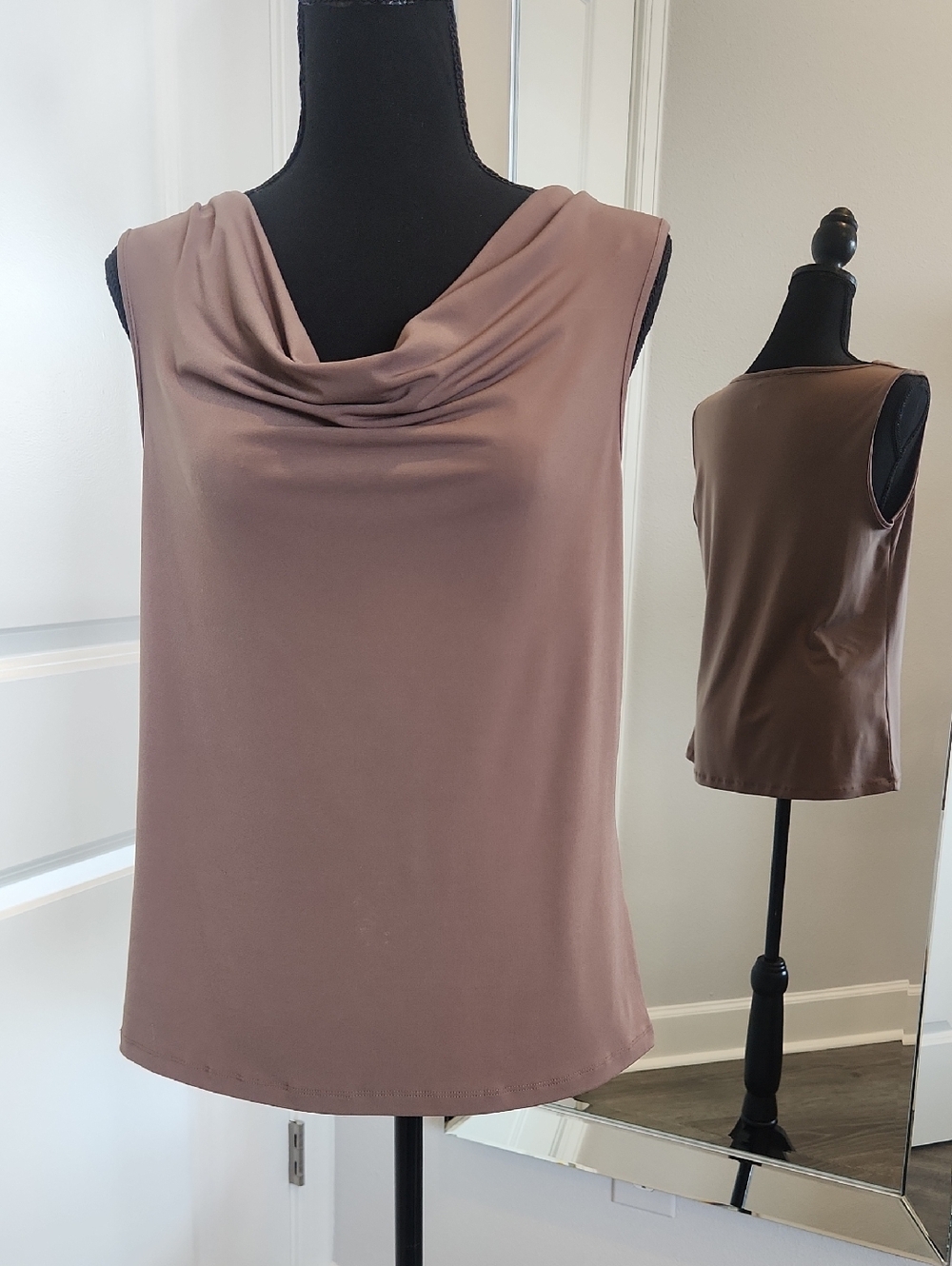 INC International Concepts Draped Cowl Neck Sleeveless Camisole in Caramel Taupe